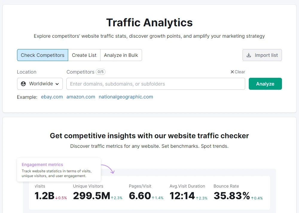 "A screenshot of the SEMrush Traffic Analytics search bar displaying a search for a specific website's traffic analytics. The search bar is highlighted in orange and displays the name of the website being searched for.